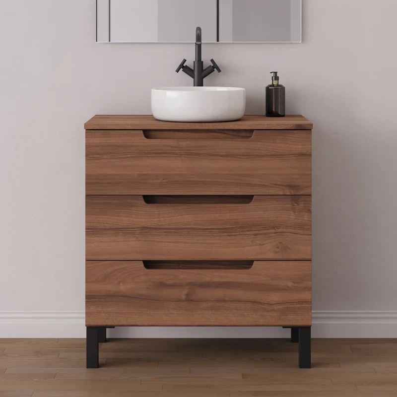 Meuble de salle de bain 80cm avec plateau et vasque à poser ronde - 3 tiroirs - RIZA