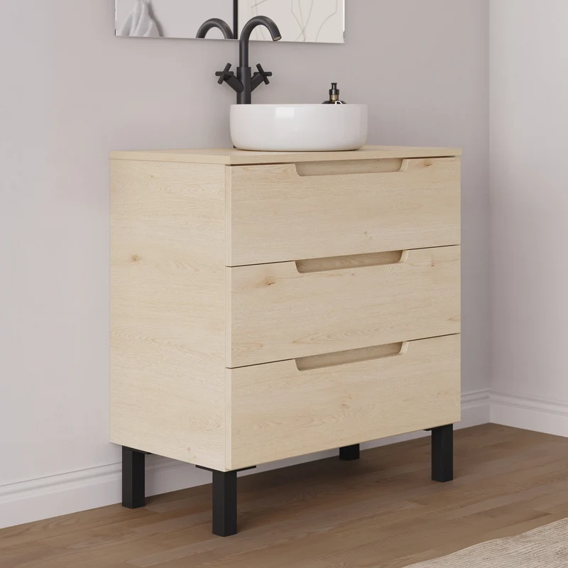Meuble de salle de bain 80cm avec plateau et vasque à poser ronde - 3 tiroirs - RIZA