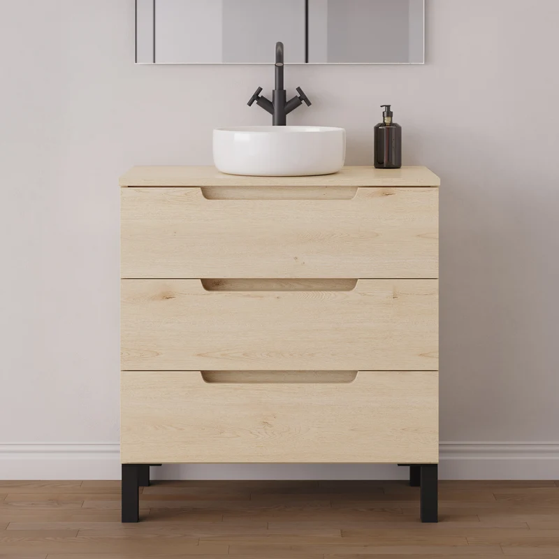 Meuble de salle de bain 80cm avec plateau et vasque à poser ronde - 3 tiroirs - RIZA