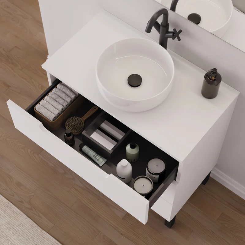 Meuble de salle de bain 80cm avec plateau et vasque à poser ronde - 3 tiroirs - RIZA