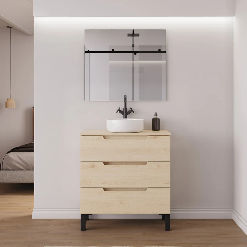 Meuble de salle de bain 80cm avec plateau et vasque à poser ronde - 3 tiroirs - RIZA