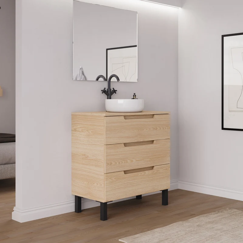 Meuble de salle de bain 80cm avec plateau et vasque à poser ronde - 3 tiroirs - RIZA