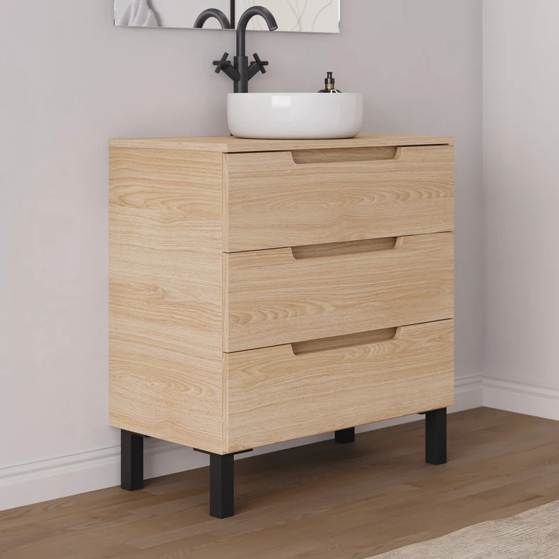 Meuble de salle de bain 80cm avec plateau et vasque à poser ronde - 3 tiroirs - RIZA