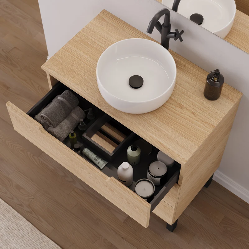 Meuble de salle de bain 80cm avec plateau et vasque à poser ronde - 3 tiroirs - RIZA