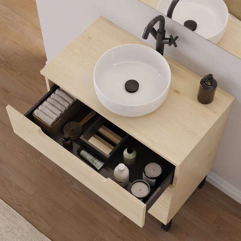 Meuble de salle de bain 80cm avec plateau et vasque à poser ronde - 3 tiroirs - RIZA