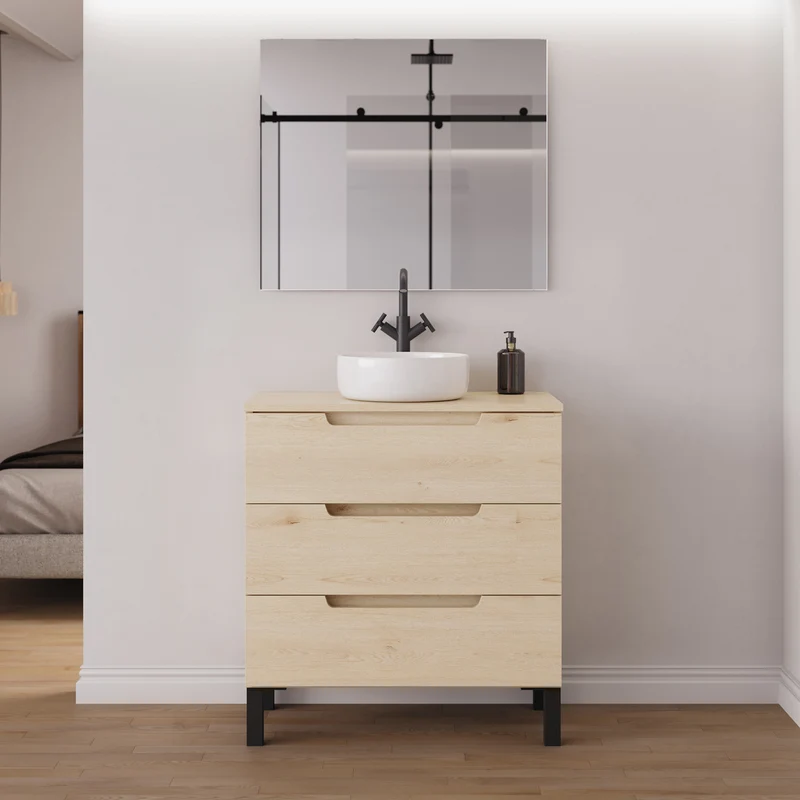 Meuble de salle de bain 80cm avec plateau et vasque à poser ronde - 3 tiroirs - RIZA