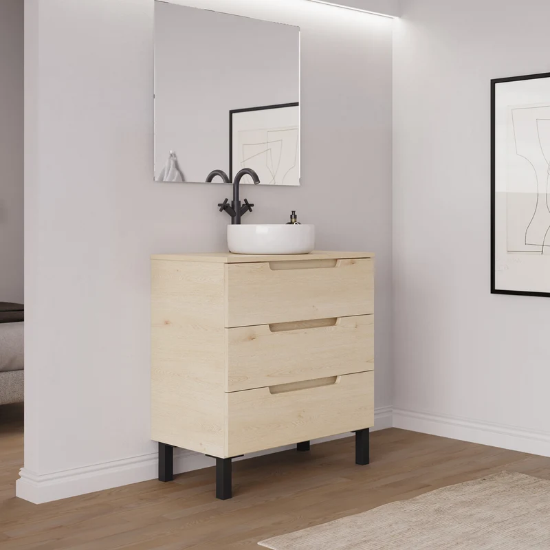 Meuble de salle de bain 80cm avec plateau et vasque à poser ronde - 3 tiroirs - RIZA