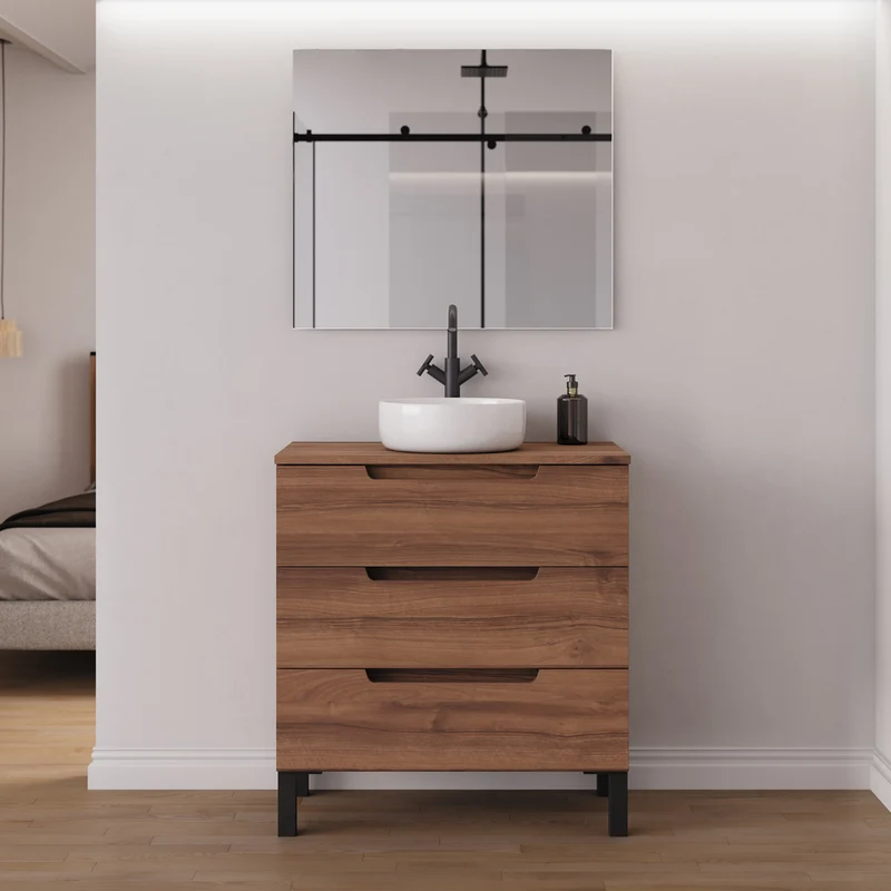 Meuble de salle de bain 80cm avec plateau et vasque à poser ronde - 3 tiroirs - RIZA