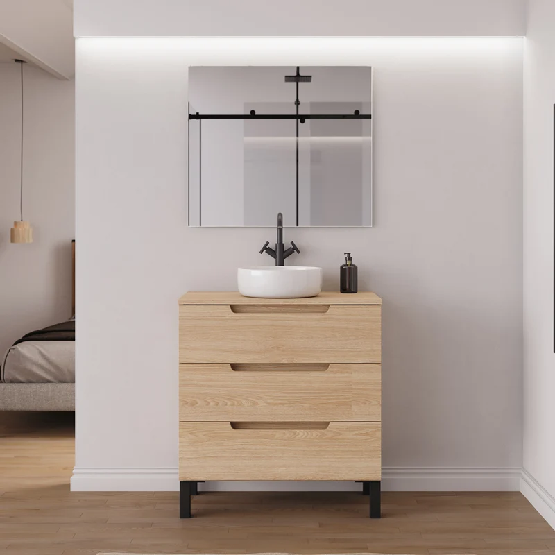 Meuble de salle de bain 80cm avec plateau et vasque à poser ronde - 3 tiroirs - RIZA