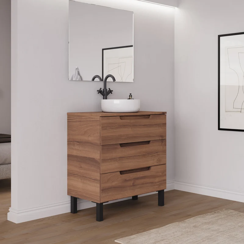 Meuble de salle de bain 80cm avec plateau et vasque à poser ronde - 3 tiroirs - RIZA