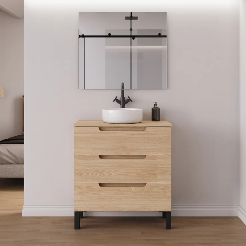 Meuble de salle de bain 80cm avec plateau et vasque à poser ronde - 3 tiroirs - RIZA