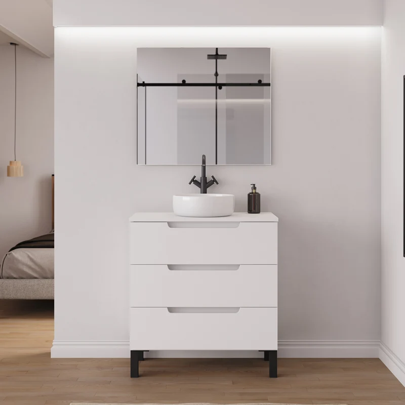 Meuble de salle de bain 80cm avec plateau et vasque à poser ronde - 3 tiroirs - RIZA