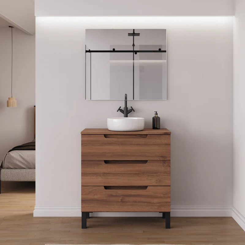 Meuble de salle de bain 80cm avec plateau et vasque à poser ronde - 3 tiroirs - RIZA