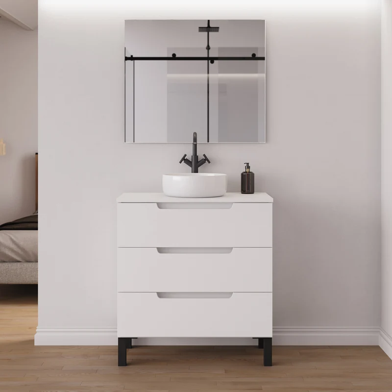 Meuble de salle de bain 80cm avec plateau et vasque à poser ronde - 3 tiroirs - RIZA