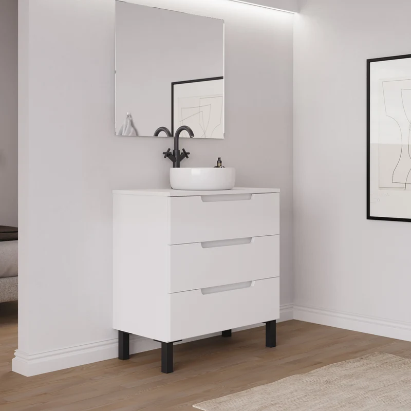 Meuble de salle de bain 80cm avec plateau et vasque à poser ronde - 3 tiroirs - RIZA