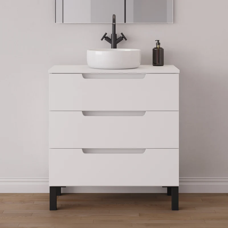 Meuble de salle de bain 80cm avec plateau et vasque à poser ronde - 3 tiroirs - RIZA