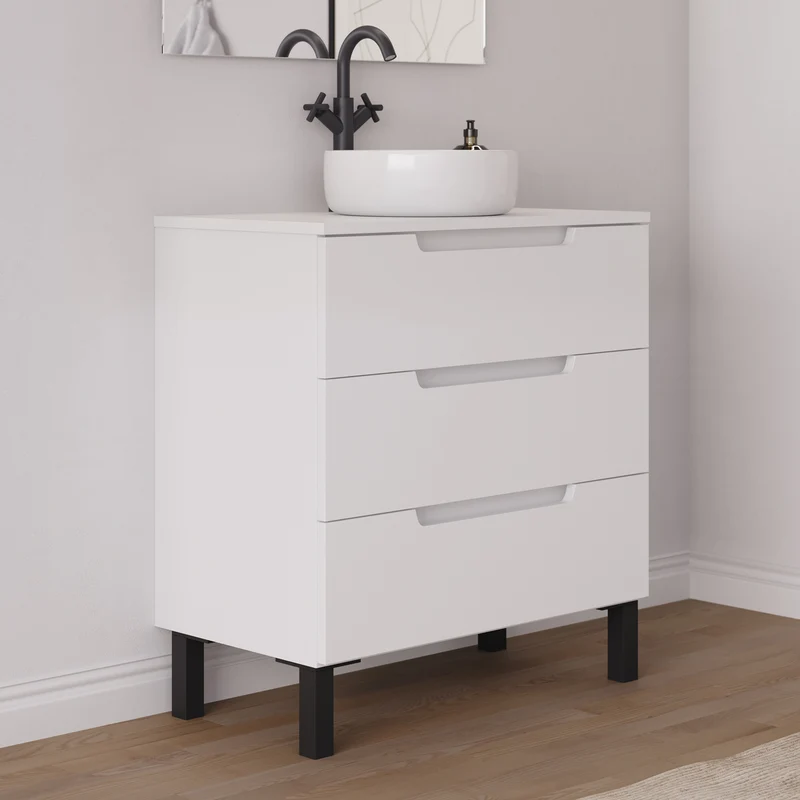 Meuble de salle de bain 80cm avec plateau et vasque à poser ronde - 3 tiroirs - RIZA