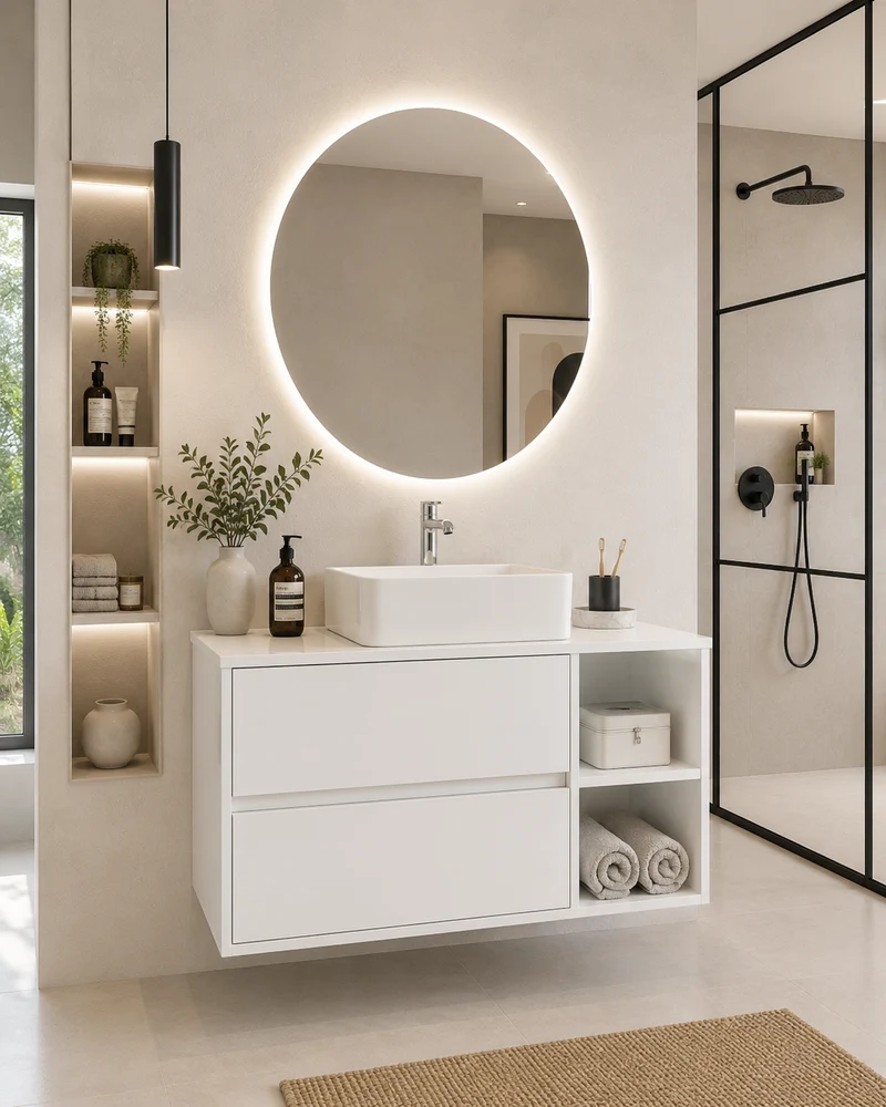 Mueble de baño ZEUS con encimera de madera y lavabo sobreencimera