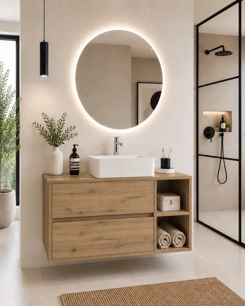 Mueble de baño ZEUS con encimera de madera y lavabo sobreencimera