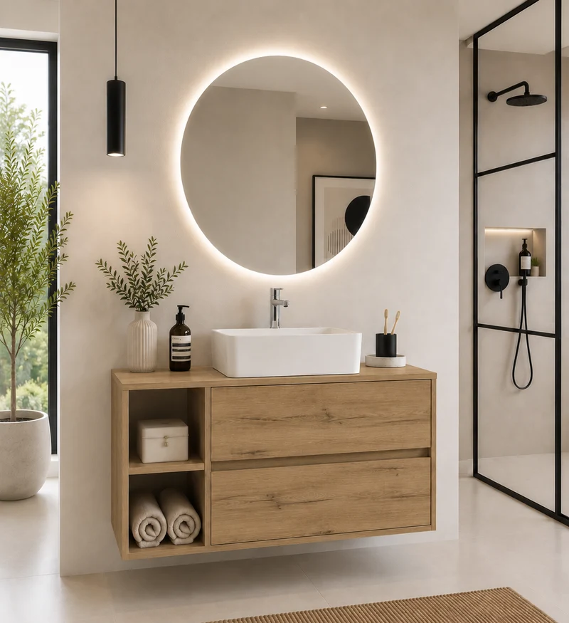 Mueble de baño ZEUS con encimera de madera y lavabo sobreencimera