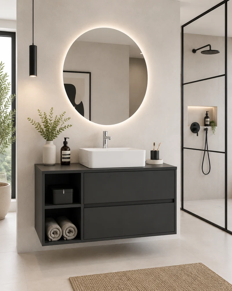 Mueble de baño ZEUS con encimera de madera y lavabo sobreencimera