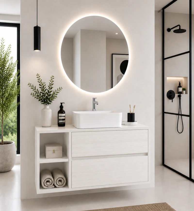 Mueble de baño ZEUS con encimera de madera y lavabo sobreencimera