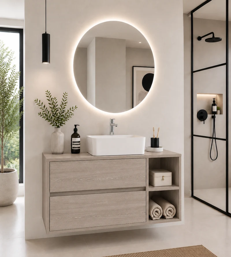 Mueble de baño ZEUS con encimera de madera y lavabo sobreencimera