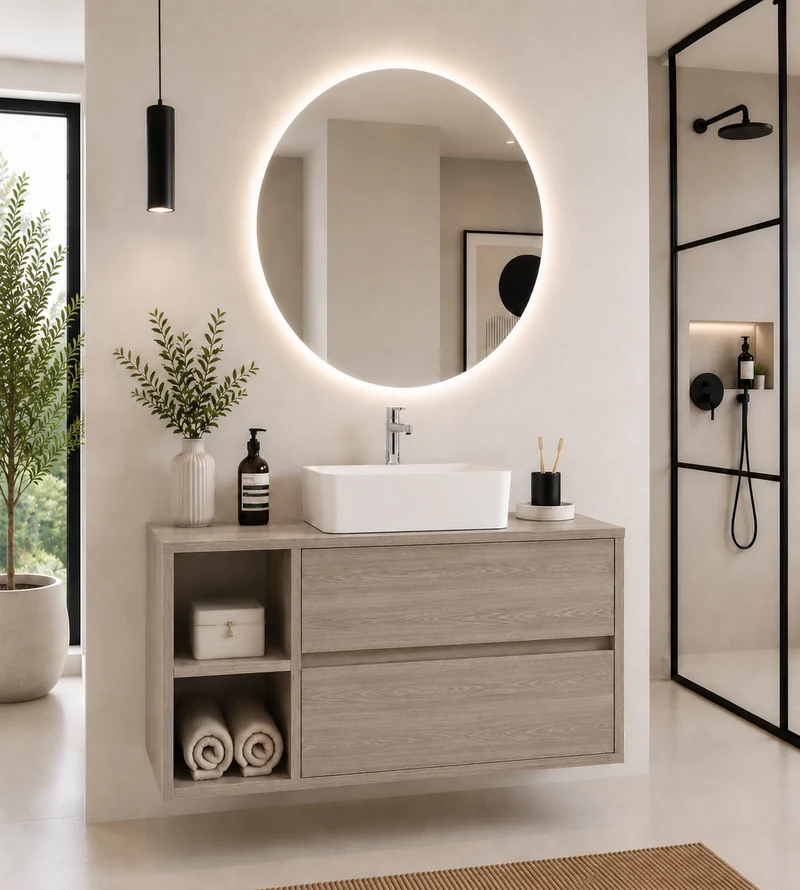 Mueble de baño ZEUS con encimera de madera y lavabo sobreencimera