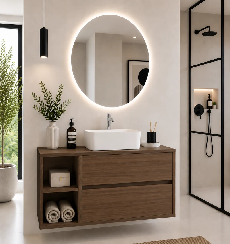 Mueble de baño ZEUS con encimera de madera y lavabo sobreencimera