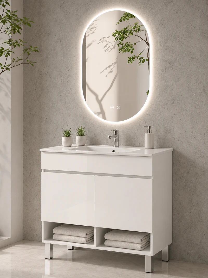 Mueble de baño con patas NEBARI con puertas y lavabo extraplano