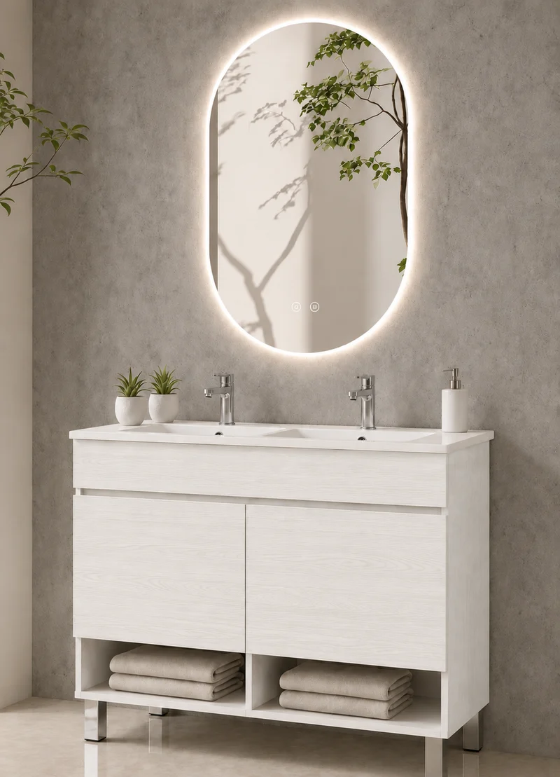Mueble de baño con patas NEBARI con puertas y lavabo extraplano