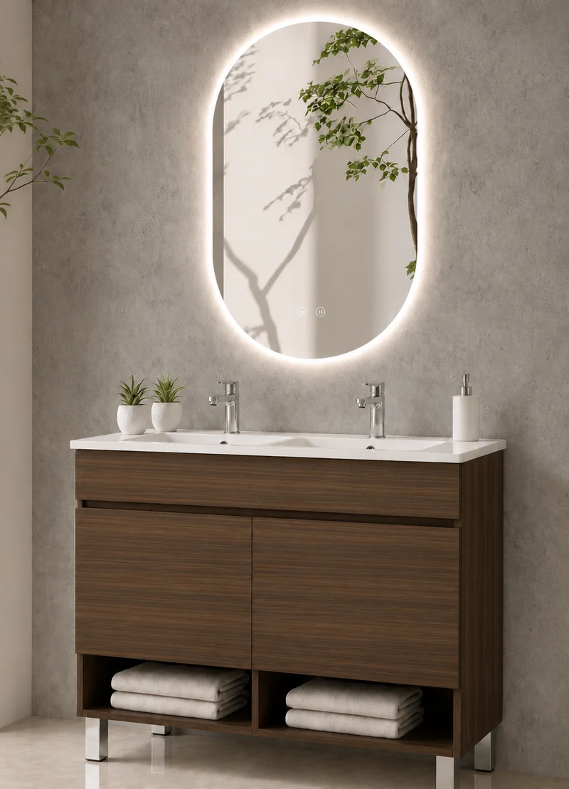 Mueble de baño con patas NEBARI con puertas y lavabo extraplano