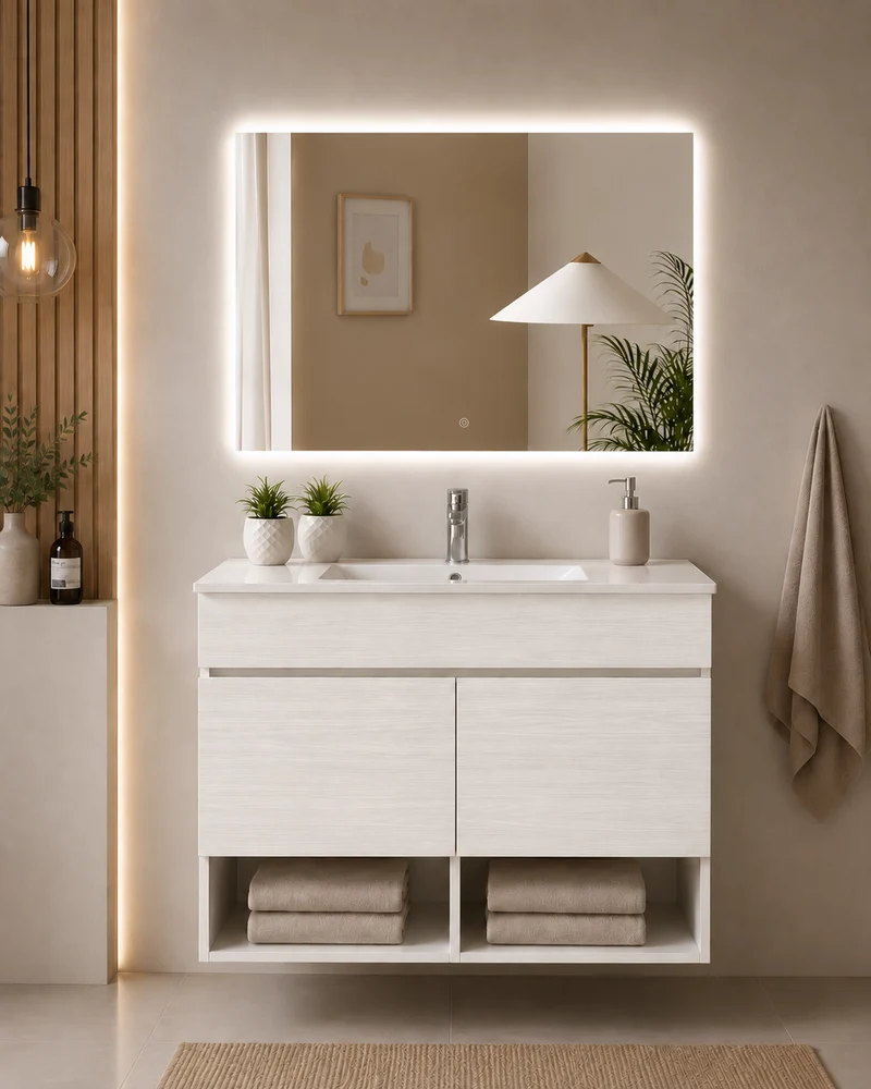 Mueble de baño suspendido NEBARI con puertas y lavabo extraplano
