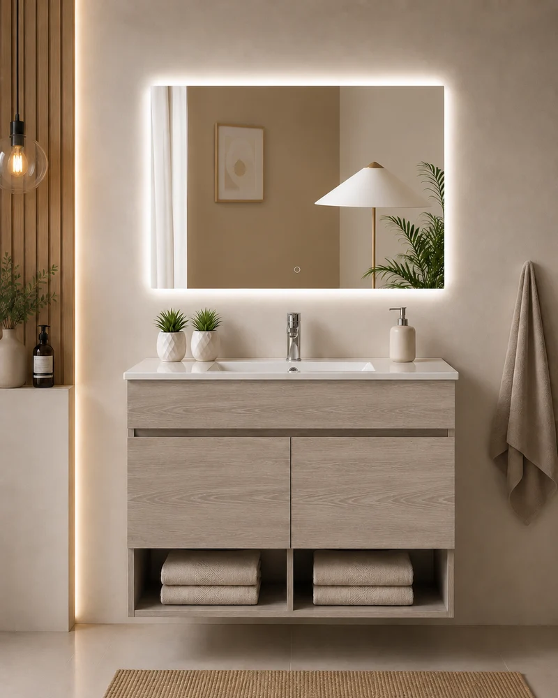 Mueble de baño suspendido NEBARI con puertas y lavabo extraplano