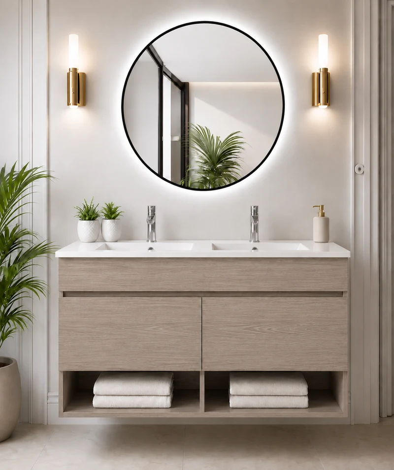 Mueble de baño suspendido NEBARI con puertas y lavabo extraplano