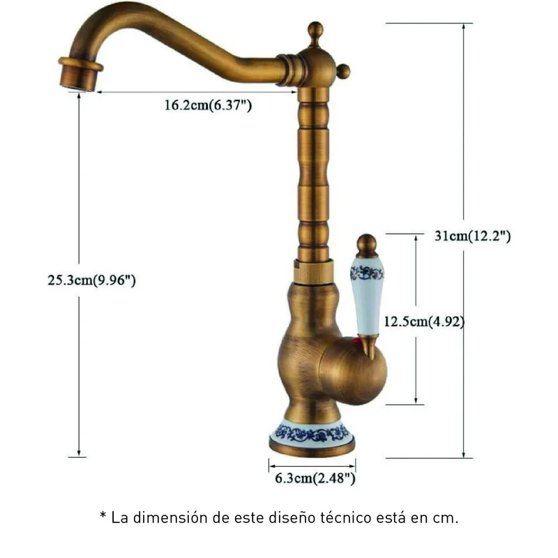Grifo monomando alto lavabo retro FLORINA dorado envejecido