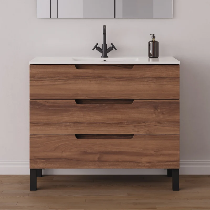 Meuble de salle de bain 90cm simple vasque - 3 tiroirs - RIZA