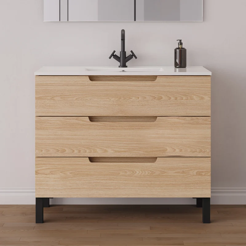 Meuble de salle de bain 90cm simple vasque - 3 tiroirs - RIZA