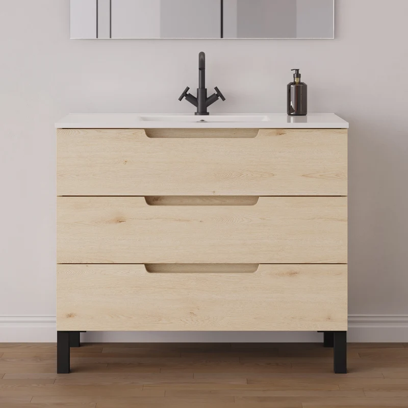 Meuble de salle de bain 90cm simple vasque - 3 tiroirs - RIZA