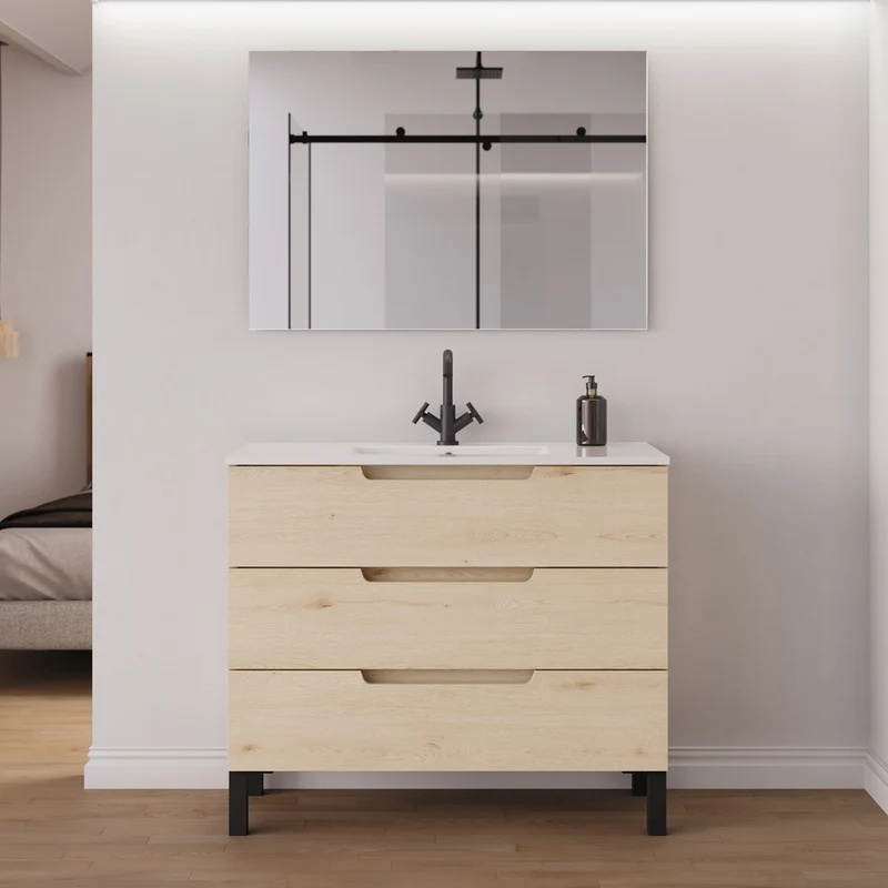 Meuble de salle de bain 90cm simple vasque - 3 tiroirs - RIZA