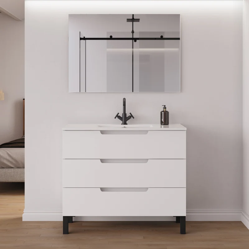 Meuble de salle de bain 90cm simple vasque - 3 tiroirs - RIZA