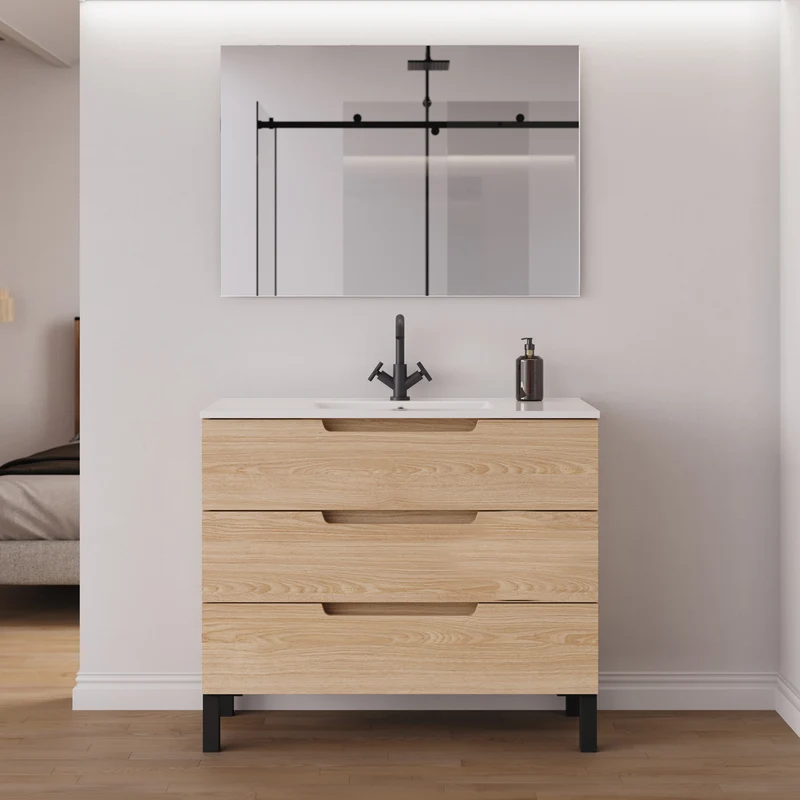 Meuble de salle de bain 90cm simple vasque - 3 tiroirs - RIZA