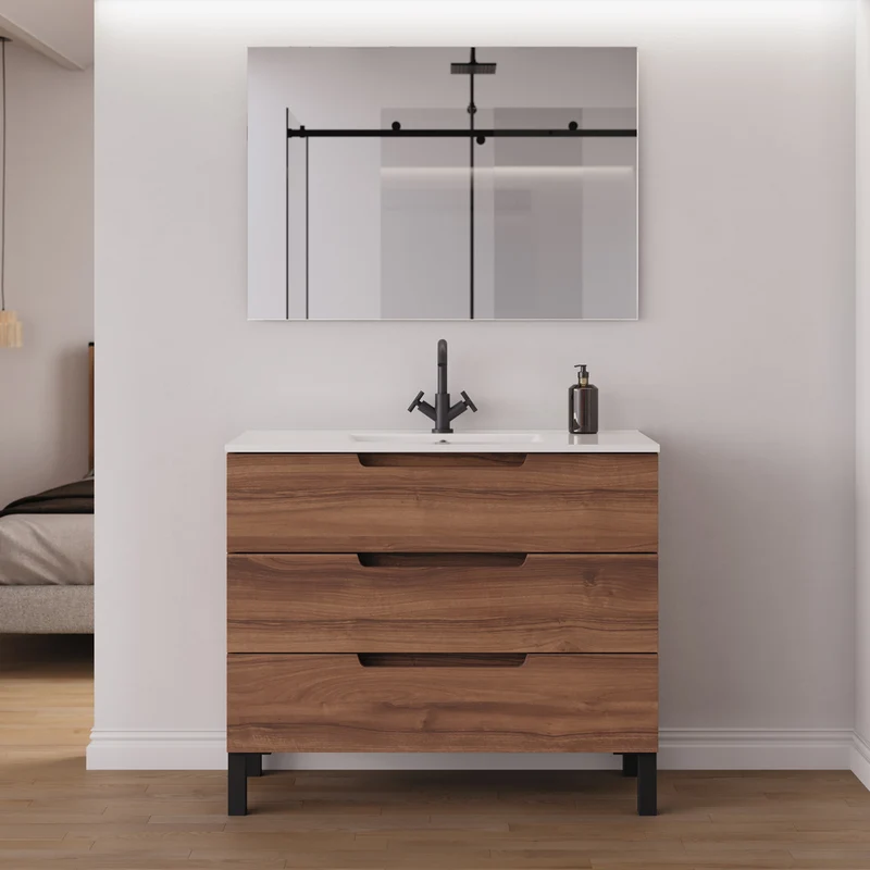 Meuble de salle de bain 90cm simple vasque - 3 tiroirs - RIZA