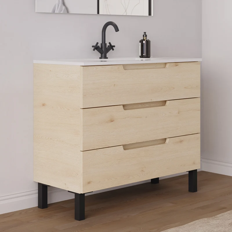 Meuble de salle de bain 90cm simple vasque - 3 tiroirs - RIZA