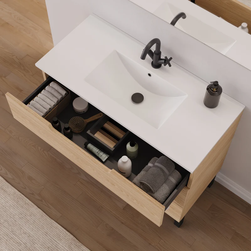 Meuble de salle de bain 90cm simple vasque - 3 tiroirs - RIZA