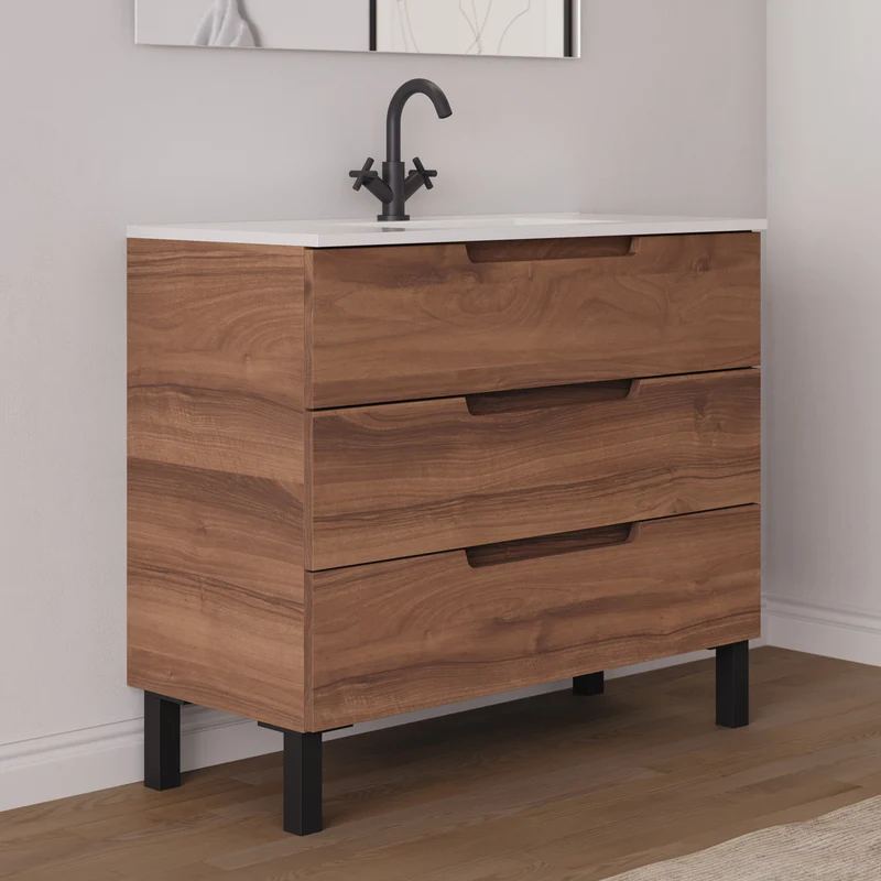 Meuble de salle de bain 90cm simple vasque - 3 tiroirs - RIZA