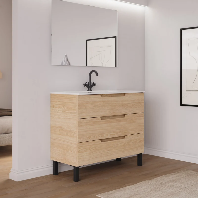 Meuble de salle de bain 90cm simple vasque - 3 tiroirs - RIZA