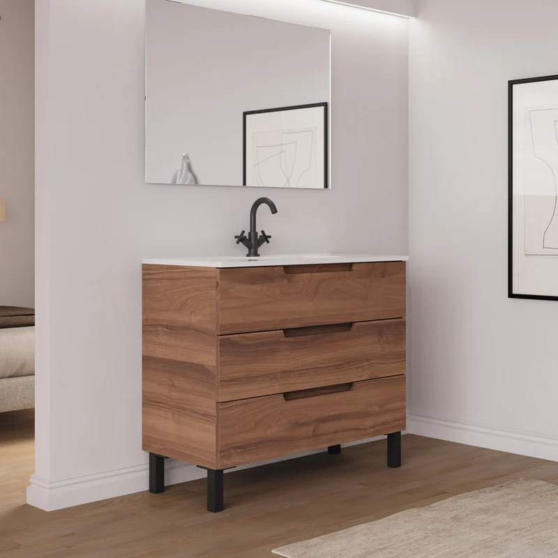 Meuble de salle de bain 90cm simple vasque - 3 tiroirs - RIZA