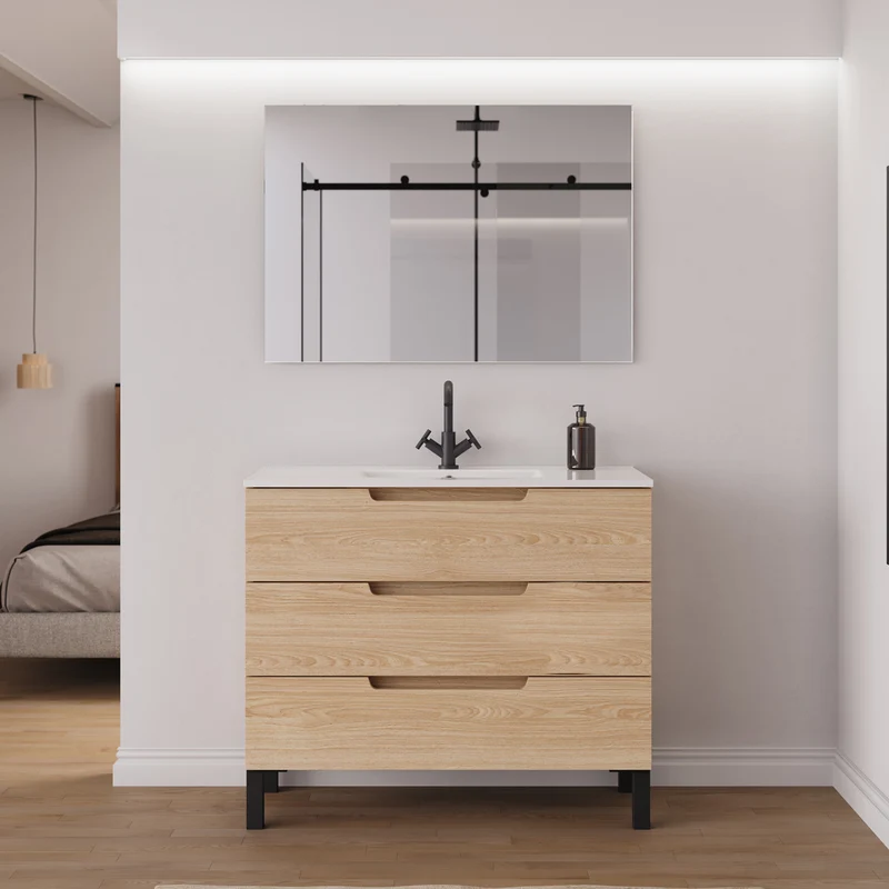 Meuble de salle de bain 90cm simple vasque - 3 tiroirs - RIZA
