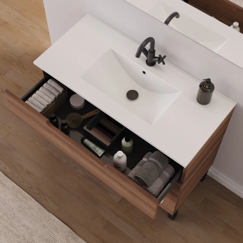 Meuble de salle de bain 90cm simple vasque - 3 tiroirs - RIZA
